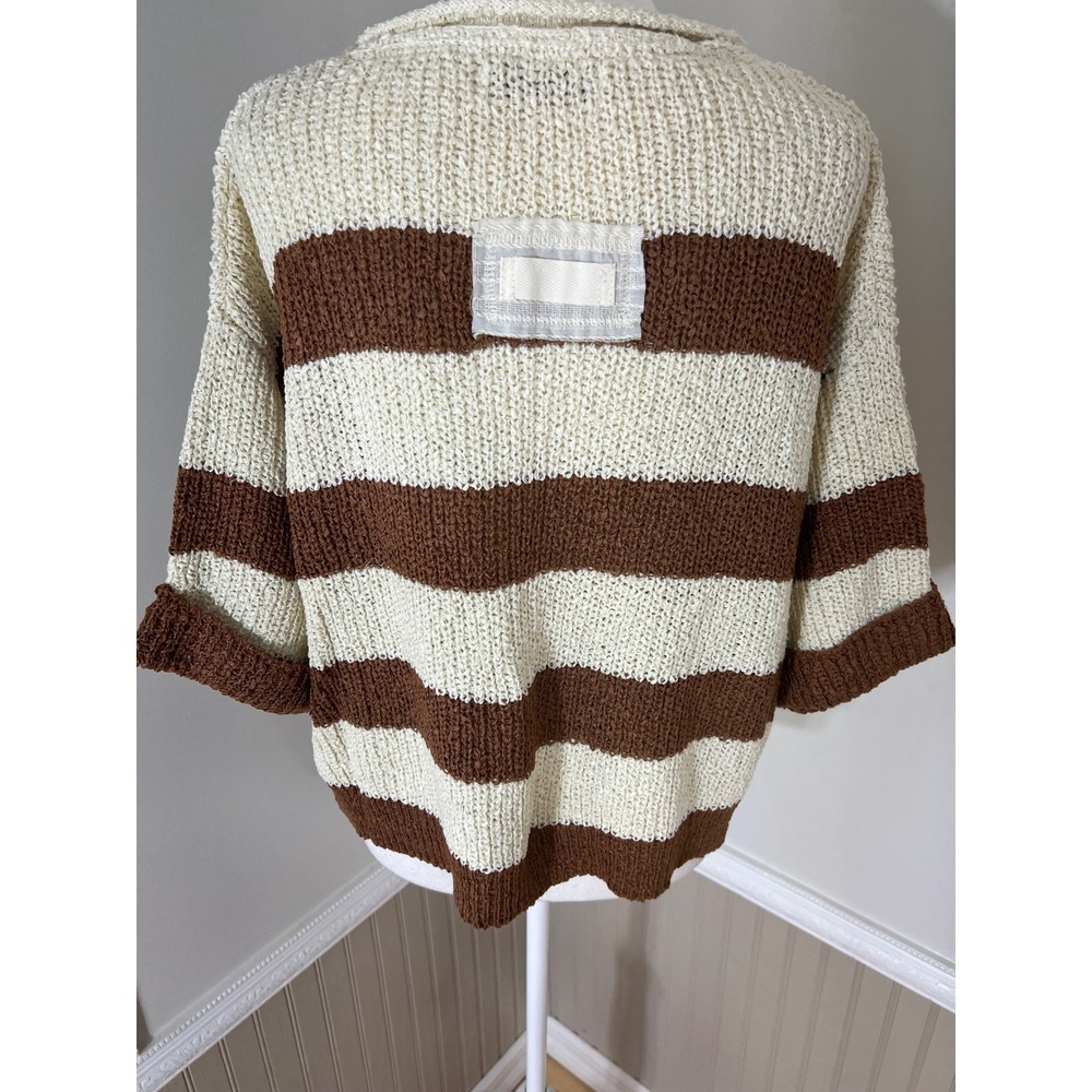Zenana Striped Loose Knit V-Neck Sweater Brown Cream Short Sleeve S/M - Picture 10 of 11